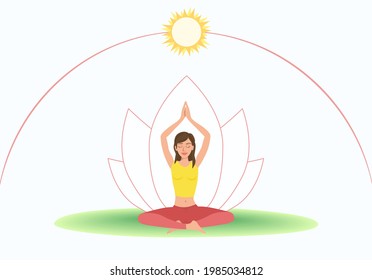 Young woman on grass doing Lotus Pose Padmasana. Her hands points to the sun at its zenith. Vector illustration.