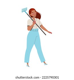 Young Woman on Heels Carrying Rake on Her Shoulder for Garden or Yard Work Vector Illustration