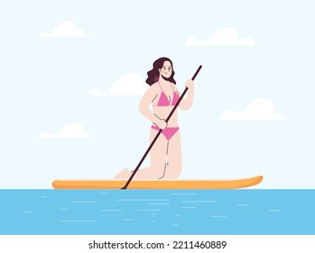 Young woman is on her knees in swimsuit on sup. Stand up paddle. Modern flat style illustration isolated on white background.