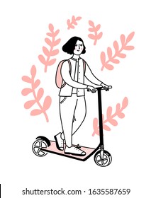 Young woman on kick scooter with pink backpack. Teen riding electric vehicle. Cute illustration of generation z, doodle vector decorated with branches