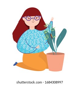 young woman on the knees with potted plant vector illustration