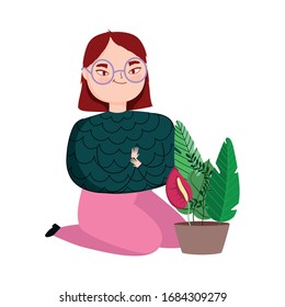 young woman on the knees with potted plant vector illustration