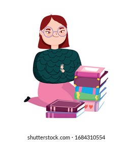 joven de rodillas con pilas, libro de ilustraciones vectoriales