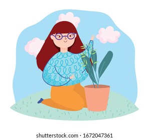 young woman on the knees with white potted plant vector illustration