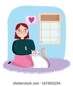 Young woman on the knees with white cat, vector illustration.