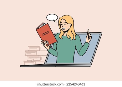 Mujer joven en pantalla portátil con lección en línea sobre gadget moderno. Profesora o tutora sonriente con clase de webcam liderada por libro en computadora. Educación. Ilustración vectorial. 