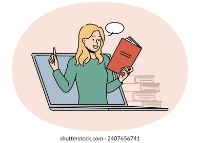Young woman on laptop screen having online lesson on modern gadget. Smiling female teacher or tutor with book lead webcam class on computer. Education. Vector illustration.