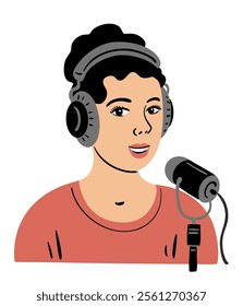 Young woman on live radio. Presenter in the studio. Headphones and microphone. Cartoon vector illustration isolated on white background