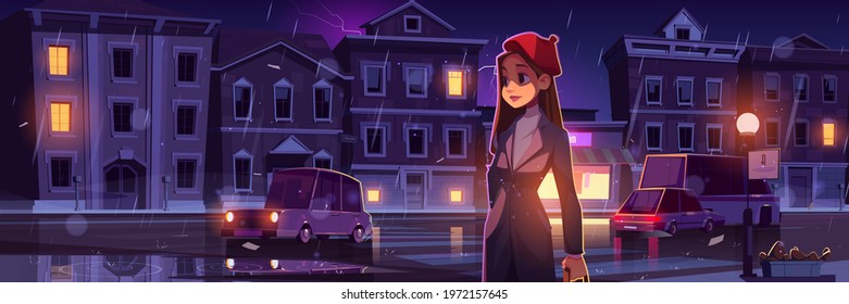 Young woman on night street at rainy weather in town with cars going along illuminated road with lampposts and crossroad, water puddles and flash lightning in dark sky, cartoon vector illustration