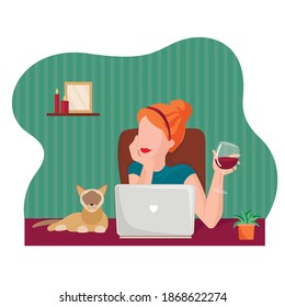 Young woman on online dating. Online chatting and drinking red wine. Flat vector illustration for web, landing page, banner. Concept of social media, virtual relationship communication.