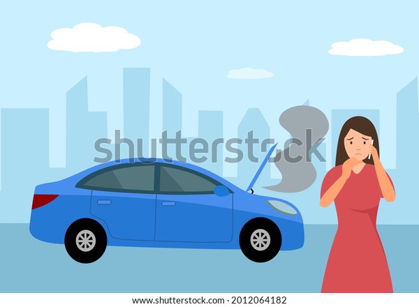 Young woman on phone with car insurance agent or\
automobile repair service in front of broken car in flat design.\
Car accident