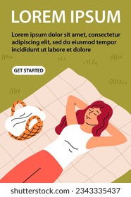 Young woman on a picnic. Girl lie on the bedspread. Basket of food. Vacation, holiday off and rest. Flat vector illustration. Design for banner, poster, website