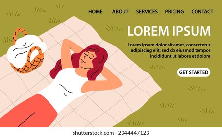 Junge Frau auf einem Picknick. Mädchen liegen auf der Bettüberdecke. Warenkorb. Urlaub, Urlaub und Erholung. Flache Vektorgrafik. Design für Banner, Poster, Website