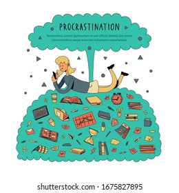 Young woman on a pile of work documents and important tasks, dreams and hangs in the phone instead of working. Procrastinating office worker, student. Vector Illustration in flat cartoon style