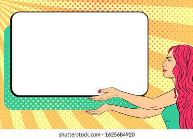 Young woman on pop art background. Woman holds a poster. Billboard in outstretched hands. Vector illustration