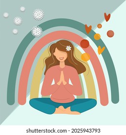 A young woman on a rainbow background during the coronavirus epidemic. On the dark side are viruses and bacteria. The girl in the lotus position sends a positive into the world. Vector. Flat style.