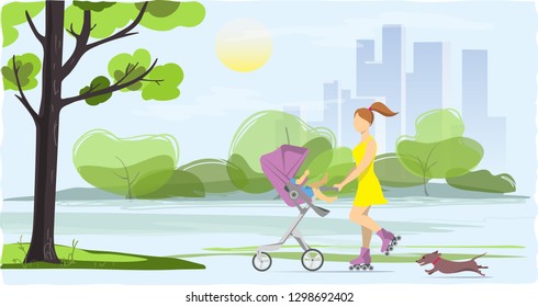 Young woman on roller skates with a baby in a stroller walking in the city park.Vector illustration cartoon clipart.