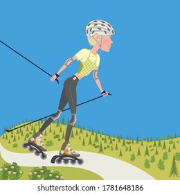 young woman on roller skates on a background of mountains