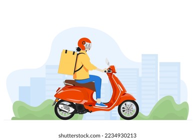 Young woman on a scooter delivers to order. Flat vector illustration. Delivery food pizza service poster background template with female character on motorcycle.
