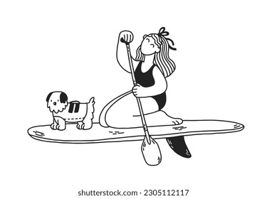 Mujer joven en pie de paddle con perro en chaleco salvavidas. Muchacha de dibujos animados y perro en el SUP navegando en el mar. Ilustraciones dibujadas a mano por vectores en blanco y negro