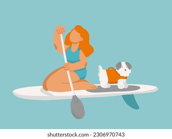 Young woman on stand up paddle board with dog in life vest. Cartoon girl and dog on SUP surfing in the sea. Cute vector illustrations