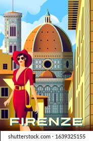 Young Woman On The Street In Front Of The Santa Maria Del Fiore Cathedral In Florence, Italy. Handmade Drawing Vector Illustration. Retro Poster.