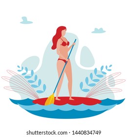 Young Woman on SUP Board Cartoon Vector Character. Beautiful Girl Standing on Paddleboard, Floating. Sportswoman Exercising, Doing Water Sport. Sea Resort Extreme Entertainment and Adventure