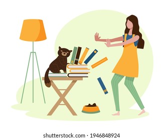 A young woman on vacation is at home with her messy cat. A cat damaged items, dropped items and books. vector illustration flat design