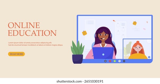Young woman on video call with students. Online education banner with flat style illustrations for remote teaching, virtual communication and distance schooling.