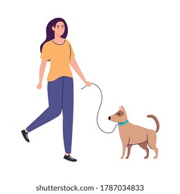 young woman on a walk with a dog on white background vector illustration design