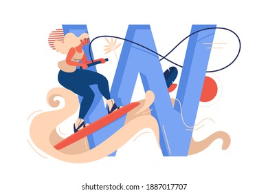 Young woman on wave riding wakeboard on capital letter W on background. Concept sport illustration on white with female active character