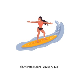 Young woman on a wave on a surfboard. Surfing in ocean girl isolated vector character, surfer woman standing on board, riding wave. Summer vacation outdoor activity on beach