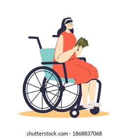 Young woman on wheelchair holding money support from for disability allowance. Cartoon disabled female character on wheel chair with compensation for social insurance. Flat vector illustration