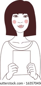 young woman on a white background holds in her hands a blank poster without text. Feminism and women rights. teachers protesting. Vector illustration flat style