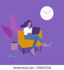 young woman on yellow chair with compute