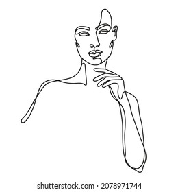 Young woman in one line art style isolated on a white background. Continuous line icon. Outline minimalist design. Elegant silhouette for cards, textile and decor.  