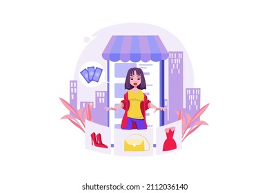 Young woman in online shopping website and check her purchases Illustration concept. Flat illustration isolated on white background.