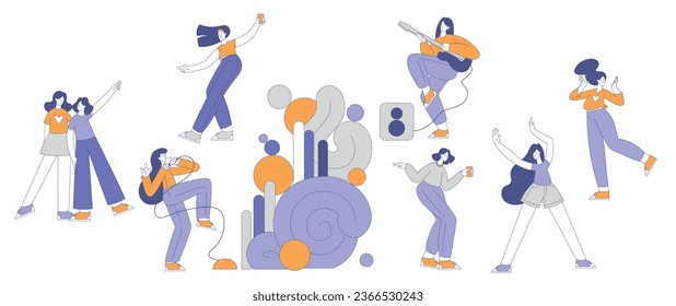 Young Woman at Open Air Music Festival Listening to Music and Dancing Vector Set