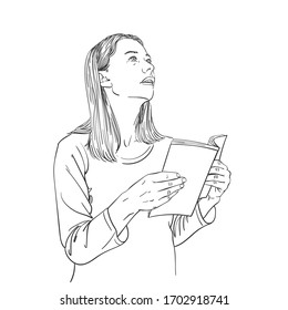 Young woman with open book in hands, looks sideways up, vector sketch, hand drawn linear illustration isolated