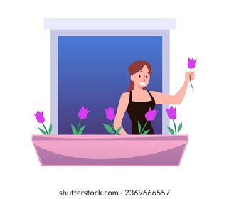 Young woman in open house window. Neighbourhood cartoon female character holds out a flower. Beautiful window flower pot vector flat illustration isolated on white background.