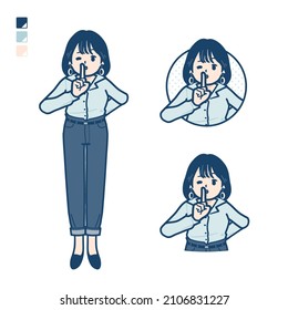 Young woman in an open-collared shirt with be quiet hand sign images.It's vector art so it's easy to edit.