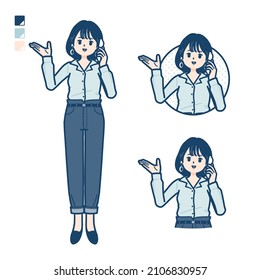 Young woman in an open-collared shirt with Call on smartphone images.It's vector art so it's easy to edit.
