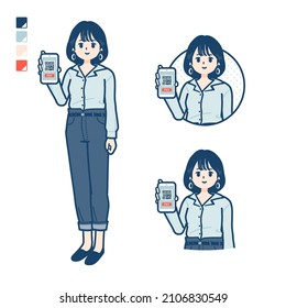 Young woman in an open-collared shirt with cashless payment on smartphone images.It's vector art so it's easy to edit.