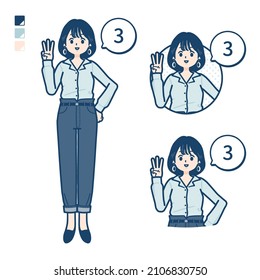Young woman in an open-collared shirt with Counting as 3 images.It's vector art so it's easy to edit.
