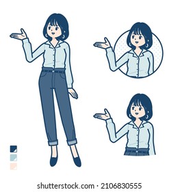 Young woman in an open-collared shirt with Explanation images.It's vector art so it's easy to edit.