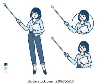 Young woman in an open-collared shirt with Explanation with a pointing stick images.It's vector art so it's easy to edit.