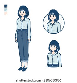 Young woman in an open-collared shirt with Looking sideways images.It's vector art so it's easy to edit.