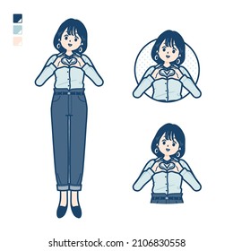 Young woman in an open-collared shirt with making a heart symbol by hand images.It's vector art so it's easy to edit.