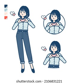 Young woman in an open-collared shirt with making a heart symbol by hand images.It's vector art so it's easy to edit.