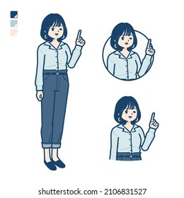Young woman in an open-collared shirt with pointing hand sign images.It's vector art so it's easy to edit.